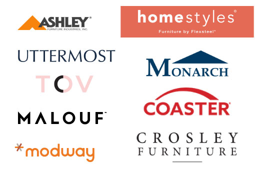 Logos of Ashley Furniture, Modway, TOV, and ED by Ellen Degeneres