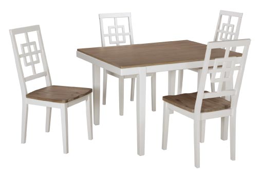 Two-tone dining set with white base and natural wood table & seat tops