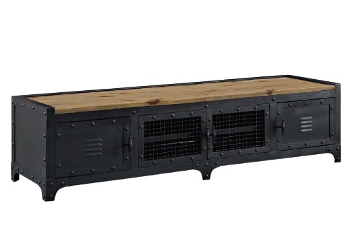 Low media console in black metal with mesh doors and wood top